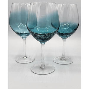 ☆Pier 1 Teal Blue Crackle Glass Red Wine Glass Balloon 8 5/8” Set of 3